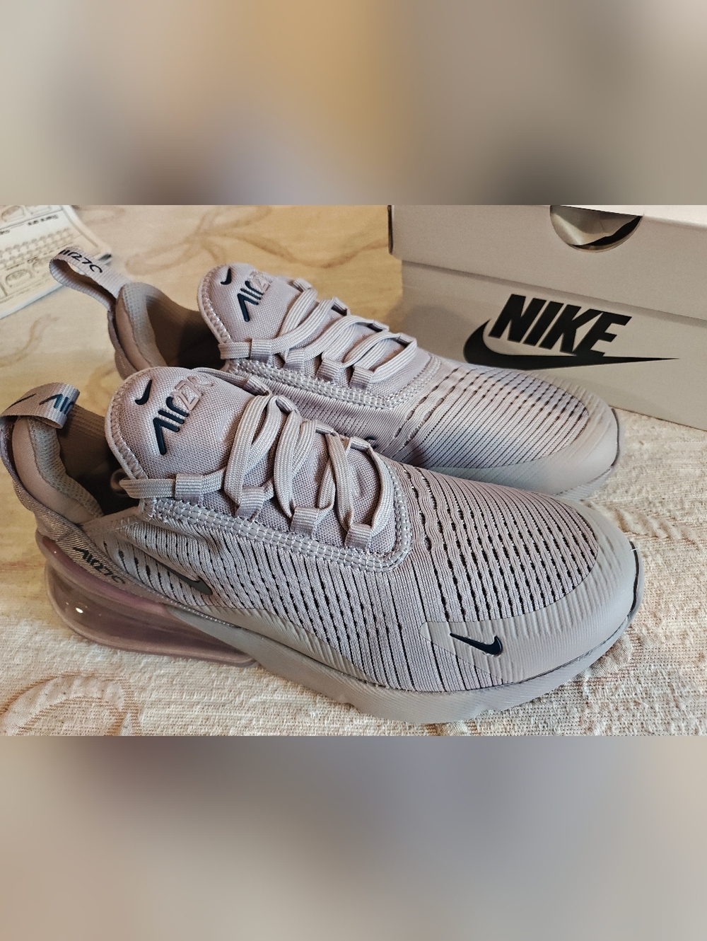 Nike Women’s Air Max 270 Sneakers in Light Taupe with Dark Taupe Swoosh - Picture 2 of 5